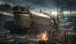 Rule 34 | 1girl, as val, assault rifle, automatic rifle, backpack, bag, black gloves, blue eyes, breasts, building, campfire, car, cloak, cloud, fire, flask, formal, frown, gloves, grey hair, grey sky, gun, hair between eyes, holding, holding flask, hood, hood up, integral suppressor, integrally-suppressed firearm, kalashnikov rifle, knee pads, lithium10mg, long hair, long sleeves, looking down, military, military base, military truck, military vehicle, motor vehicle, original, overcast, pants, rifle, rocket launcher, satellite dish, sitting, sky, solo, suit, suppressor, thigh strap, toz (tulsky oruzheiny zavod), truck, tsniitochmash, tula arms plant, unworn backpack, unworn bag, vehicle focus, weapon, wheel, zu-23-2