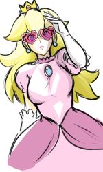 Rule 34 | 1girl, arm at side, arm up, bespectacled, blonde hair, blue eyes, breasts, brooch, crown, drawfag, dress, earrings, elbow gloves, eyelashes, glasses, gloves, hair between eyes, heart, heart-shaped eyewear, jewelry, large breasts, lips, long hair, mario (series), nintendo, open hand, parted lips, pink-tinted eyewear, pink-tinted glasses, pink dress, pink lips, princess, princess peach, puffy short sleeves, puffy sleeves, short sleeves, simple background, solo, sunglasses, super mario bros. 1, third-party source, tinted eyewear, white background, white gloves