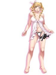 Rule 34 | 1girl, aqua eyes, babydoll, bare shoulders, barefoot, blonde hair, blue eyes, breasts, celine verxina, cleavage, closed game, drill hair, empress (studio), feet, game cg, gun, handgun, highres, large breasts, legs, looking at viewer, navel, open mouth, panties, pistol, sei shoujo, smile, solo, standing, tattoo, thigh strap, thighs, toes, transparent background, twin drills, underwear, weapon