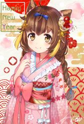 Rule 34 | 1girl, ahoge, animal ear fluff, animal ears, blue bow, blush, bow, braid, brown eyes, brown hair, cat ears, closed mouth, commentary request, egasumi, fingernails, floral print, frilled kimono, frills, hair between eyes, hair bow, hair ornament, hand up, happy new year, highres, japanese clothes, kimono, long hair, long sleeves, looking at viewer, low twintails, new year, obi, omelet tomato, original, pink bow, pink kimono, print kimono, sash, seigaiha, smile, solo, twin braids, twintails, very long hair
