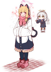 Rule 34 | 2girls, :d, absurdres, animal ear headphones, animal ears, black coat, black pantyhose, blonde hair, blue archive, blush, brown mittens, chibi, coat, commentary request, earmuffs, facing viewer, fake animal ears, floating, floral background, frilled coat, frills, halo, hands in opposite sleeves, hare (blue archive), headphones, highres, long hair, mittens, momoi (blue archive), moyoron, multiple girls, open mouth, pantyhose, pink eyes, pink footwear, pink scarf, scarf, shoes, sidelocks, simple background, smile, solo focus, tail, v-shaped eyebrows, white background, white coat, wide sleeves