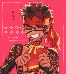 Rule 34 | 1boy, angra mainyu (fate), chocolate, closed eyes, fate/hollow ataraxia, fate (series), full-body tattoo, grin, happy valentine, headband, kurome1127, male focus, pink background, short hair, simple background, smile, tattoo, upper body, valentine