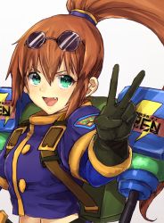 Rule 34 | 1girl, :d, blouse, blue shirt, breasts, brown hair, commentary request, crop top, eyewear on head, gloves, green eyes, hair between eyes, jacket, long hair, looking at viewer, mechanical arms, murata tefu, navel, open mouth, ponytail, precis neumann, shirt, simple background, single mechanical arm, smile, solo, star ocean, star ocean the second story, v