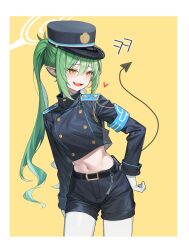 Rule 34 | 1girl, absurdres, armband, belt, belt buckle, black belt, black shirt, black shorts, blue archive, blue armband, buckle, cropped shirt, demon girl, demon tail, derivative work, fang, gloves, green hair, hand on own hip, hashtag-only commentary, hat, heart, nozomi (blue archive), highres, long hair, looking to the side, midriff, navel, open mouth, peaked cap, pointy ears, shirt, shorts, simple background, skin fang, smug, solo, stomach, sugar (dndi888), tail, twintails, two-tone background, upper body, white background, white gloves, yellow background, yellow eyes