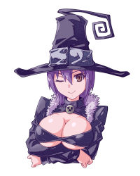 Rule 34 | 1girl, absurdres, bad id, bad pixiv id, blair (soul eater), breasts, brown eyes, cleavage, fish.boy, framed breasts, hat, highres, large breasts, looking at viewer, one eye closed, purple hair, short hair, simple background, smile, solo, soul eater, upper body, witch hat