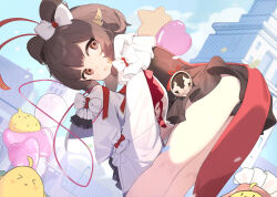 Rule 34 | &gt; &lt;, 1girl, azur lane, balloon, bent over, bow, brown eyes, brown hair, dress, dress bow, frilled dress, frills, from behind, hair bow, haruteru, heart balloon, looking at viewer, manjuu (azur lane), official alternate costume, outdoors, short dress, sleeves past fingers, sleeves past wrists, star balloon, white bow, zuihou (azur lane), zuihou (joy comes on fledgling wings) (azur lane)