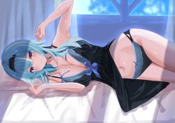 Rule 34 | 1girl, absurdres, arm up, armpits, bare shoulders, bed sheet, black hairband, black panties, blue hair, blush, breasts, cleavage, closed mouth, eula (genshin impact), genshin impact, hairband, highres, large breasts, lingerie, long hair, looking at viewer, lying, navel, negligee, on bed, on side, panties, pillow, pirumu, smile, solo, underwear, underwear only, window, window shadow, yellow eyes