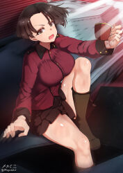 Rule 34 | 1girl, black hair, blush, breasts, covered erect nipples, cup, girls und panzer, green eyes, highres, holding, holding cup, large breasts, looking at viewer, megadeko, military uniform, military vehicle, motor vehicle, open mouth, short hair, solo, st. gloriana&#039;s military uniform, st. gloriana&#039;s student (girls und panzer saishuushou), tank, tea, teacup, uniform, vanilla (girls und panzer)