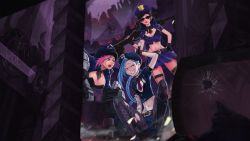 Rule 34 | 3girls, anger vein, angry, artist request, belt, bikini, black hair, blue hair, breasts, buckle, caitlyn (league of legends), cleavage, grin, gun, hand on own hip, highres, holding, holding behind back, huge weapon, jacket, jinx (league of legends), large breasts, league of legends, looking at viewer, micro bikini, midriff, multiple girls, navel, necktie, officer caitlyn, officer vi, open clothes, open jacket, pink hair, pleated skirt, police, police uniform, rifle, short sleeves, sitting, skirt, smile, sniper rifle, standing, swimsuit, tattoo, teeth, unbuttoned, uniform, vi (league of legends), weapon