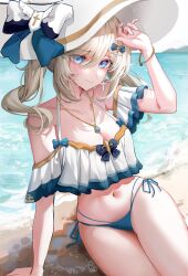 Rule 34 | 1girl, alternate costume, arm support, arm up, barbara (genshin impact), bare shoulders, beach, bikini, blonde hair, blue bikini, blue eyes, bow, bracelet, breasts, cleavage, closed mouth, commentary, dasha, genshin impact, hair ornament, hat, hat bow, highres, jewelry, long hair, looking at viewer, medium breasts, navel, necklace, ocean, outdoors, side-tie bikini bottom, smile, solo, sun hat, swimsuit, twintails, two-tone bikini, white bikini