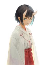 Rule 34 | 1girl, aqua eyes, aqua hair, arms at sides, black hair, closed mouth, colored inner hair, commentary, cowboy shot, hakama, hakama skirt, highres, horns, japanese clothes, looking at viewer, miko, multicolored hair, oni, original, others (gogo-o), red hakama, red ribbon, ribbon, short hair, sideways glance, simple background, skin-covered horns, skirt, solo, symbol-only commentary, white background, wide sleeves