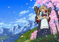 Rule 34 | 1girl, bad id, bad pixiv id, blonde hair, blue eyes, butterfly wings, cherry blossoms, cloud, day, dress, flower, genshi, grass, hat, insect wings, mountain, original, pointy ears, short hair, sky, smile, solo, tree, wings