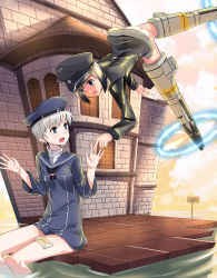 Rule 34 | 10s, 2girls, absurdres, bad id, bad pixiv id, blonde hair, blue eyes, building, clothes writing, creator connection, crossover, dress, envelope, erica hartmann, flying, hat, highres, kantai collection, looking at another, multiple girls, open mouth, pointing, sailor dress, sailor hat, short hair, silver hair, sitting, skyofgs, strike witches, striker unit, surprised, uniform, water, world witches series, z1 leberecht maass (kancolle)