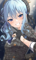 Rule 34 | 1girl, ascot, beret, black gloves, blue ascot, blue eyes, blue hair, blue nails, breasts, buttons, crown, double-breasted, gloves, grey hat, grey jacket, hat, highres, hololive, hoshimachi suisei, hoshimachi suisei (1st costume), jacket, kiukoma, long hair, partially fingerless gloves, plaid, plaid headwear, plaid jacket, small breasts, smile, solo, star (symbol), star bracelet, star in eye, symbol in eye, teeth, upper body, virtual youtuber