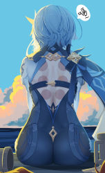 Rule 34 | 1girl, absurdres, ass, back, back cutout, backless leotard, blue hair, blue sky, cape, clothing cutout, cloud, eula (genshin impact), from behind, genshin impact, hair ornament, highres, huge ass, leotard, long sleeves, manzai sugar, outdoors, shiny clothes, sitting, sky, solo, speech bubble