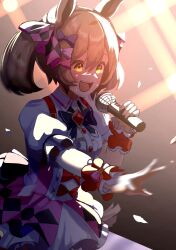 Rule 34 | 1girl, animal ears, black bow, blush, bow, brown hair, collared dress, commentary request, dress, hair bow, highres, holding, holding microphone, horse ears, horse girl, medium hair, microphone, multicolored clothes, multicolored dress, music, outstretched arm, pink bow, puffy short sleeves, puffy sleeves, purple bow, scrunchie, short sleeves, singing, smart falcon (umamusume), smile, solo, sweat, takuan (taku1219oekaki), twintails, umamusume, upper body, wrist scrunchie, yellow eyes