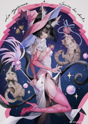 Rule 34 | 1girl, absurdres, animal, animal ears, cat, cat ears, cat tail, deadprince, dress, grey hair, hat, highres, original, pink footwear, pink headwear, pink legwear, short hair, tail, witch, witch hat