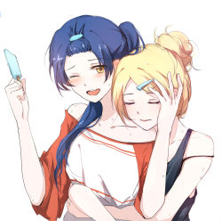 Rule 34 | 2girls, ayase eli, blonde hair, blue hair, blush, closed eyes, commentary request, couple, food, gemi 25, highres, hug, hug from behind, long hair, looking at viewer, love live!, love live! school idol project, multiple girls, one eye closed, open mouth, popsicle, smile, sonoda umi, upper body, yellow eyes, yuri
