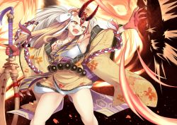 Rule 34 | 1girl, armpits, bare shoulders, beads, blonde hair, brown kimono, claws, colored skin, commentary, earrings, facial tattoo, fate/grand order, fate (series), fire, floral print, hair ribbon, holding, holding weapon, horns, ibaraki douji (fate), japanese clothes, jewelry, kimono, legs apart, long hair, long sleeves, looking away, looking to the side, magic, multicolored skin, obi, off shoulder, oni, oni horns, open mouth, outstretched arm, outstretched hand, pointy ears, prayer beads, print kimono, red skin, ribbon, rope, sash, smile, solo, standing, straight hair, sukage, tassel, tattoo, weapon, white ribbon, wide sleeves, wind, yellow eyes