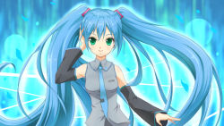 Rule 34 | 1girl, blue hair, blue necktie, blush, breasts, closed mouth, detached sleeves, green eyes, hatsune miku, kyomei, large breasts, long hair, looking at viewer, necktie, smile, solo, tie clip, twintails, upper body, vocaloid