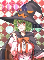 Rule 34 | 1girl, blouse, breasts, candy, cape, female focus, food, green hair, halloween, hane (hanegoya), hat, kazami yuuka, large breasts, lollipop, plaid, plaid vest, red eyes, shirt, short hair, smile, solo, swirl lollipop, touhou, trick or treat, upper body, vest, witch hat