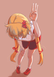 Rule 34 | 1girl, akai haato, blonde hair, brown background, commentary, gym shorts, gym uniform, hair ornament, hair ribbon, hand on own knee, heart, heart hair ornament, highres, hololive, looking down, messy hair, ponchi-ponchi, ribbon, shadow, shorts, simple background, solo, virtual youtuber, w