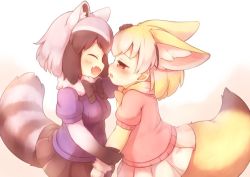 Rule 34 | 10s, 2girls, :d, ^ ^, animal ear fluff, animal ears, black gloves, black hair, black neckwear, black skirt, blonde hair, blush, bow, bowtie, closed eyes, common raccoon (kemono friends), extra ears, closed eyes, facing another, fang, fennec (kemono friends), fox ears, fox tail, from side, fur collar, fur trim, gloves, grey hair, half-closed eyes, hand on another&#039;s head, holding another&#039;s arm, kemono friends, looking at another, matsuu (akiomoi), miniskirt, multiple girls, open mouth, pink sweater, raccoon ears, raccoon tail, short sleeves, skirt, smile, sweater, tail, white background, white skirt, yellow neckwear
