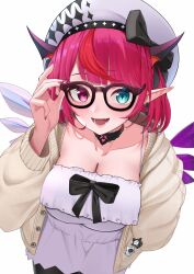 Rule 34 | 1girl, :d, adjusting eyewear, beret, black bow, black choker, black pantyhose, bloom (irys), blue eyes, blunt bangs, bow, breasts, brown-framed eyewear, cardigan, choker, cleavage, collarbone, demon horns, detached wings, dress, earrings, fangs, glasses, gloom (irys), hands in pockets, hat, hat bow, heterochromia, highres, hololive, hololive english, horns, irys (casualrys) (hololive), irys (hololive), jewelry, lace, lace choker, large breasts, looking at viewer, mintz912, multicolored hair, nail polish, official alternate costume, open cardigan, open clothes, open mouth, pantyhose, pin, pink nails, pointy ears, purple hair, red eyes, red hair, short hair, simple background, smile, solo, sundress, symbol-shaped pupils, two-tone hair, virtual youtuber, white dress, wings