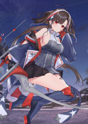 Rule 34 | 1girl, absurdres, azur lane, black skirt, boots, bow (weapon), breasts, brown hair, from side, gloves, half gloves, highres, holding, holding bow (weapon), holding weapon, independence (azur lane), knee boots, long hair, looking at viewer, medium breasts, miniskirt, red eyes, red gloves, rudder footwear, shian-chu, skirt, sleeveless, solo, weapon