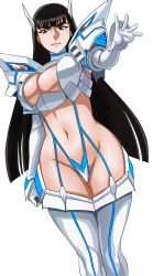 Rule 34 | 10s, 1girl, black hair, breasts, cleavage, eyebrows, groin, junketsu, kill la kill, kiryuuin satsuki, large breasts, long hair, matoyama, navel, revealing clothes, simple background, solo, thighhighs, thighs, very long hair, white background, white thighhighs, wide hips