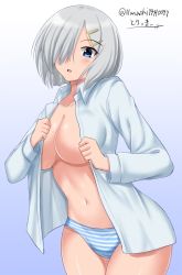 Rule 34 | 1girl, blue background, blue eyes, breasts, cleavage, collarbone, dress shirt, gradient background, hair ornament, hair over one eye, hairclip, hamakaze (kancolle), highres, kantai collection, large breasts, long sleeves, looking at viewer, no bra, panties, shirt, short hair, signature, silver hair, solo, striped clothes, striped panties, twitter username, underwear, white background, white shirt, zanntetu