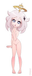 Rule 34 | 1girl, absurdres, artist name, blue eyes, breasts, female focus, finger on chin, genshin impact, halo, highres, ohiekhe, paimon (genshin impact), petite, pussy, small breasts, white background, white hair
