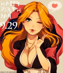 Rule 34 | 10s, 1girl, 2014, bleach, blowing kiss, blue eyes, blush, breasts, cleavage, dated, happy birthday, heart, jewelry, large breasts, long hair, looking at viewer, matsumoto rangiku, mole, mole under mouth, nadame (ume645), nail polish, necklace, one eye closed, orange hair, red nails, scarf, solo, spoken heart, wink