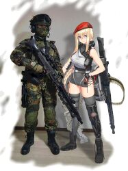 Rule 34 | 1boy, 1girl, absurdres, ammunition belt, belt, beret, bipod, black footwear, black gloves, blonde hair, blue eyes, boots, braid, breasts, brown gloves, buckle, camouflage, camouflage headwear, camouflage jacket, camouflage pants, character name, closed mouth, clothes writing, combat boots, combat helmet, commentary, country connection, cross-laced footwear, english commentary, fatigues, fingerless gloves, flecktarn, full body, general-purpose machine gun, girls&#039; frontline, gloves, goggles, goggles on headwear, green gloves, green headwear, green jacket, green mask, green pants, grey thighhighs, gun, handgun, hat, headset, helmet, highres, holding, holding gun, holding weapon, holster, holstered, jacket, knee pads, lace-up boots, large breasts, load bearing vest, logo, long hair, long sleeves, looking at viewer, looking to the side, machine gun, mask, mg3, mg3 (girls&#039; frontline), mg3 (mod3) (girls&#039; frontline), microphone, military, military jacket, military uniform, mod3 (girls&#039; frontline), multicolored clothes, multicolored gloves, pants, pants tucked in, pocket, red headwear, scope, single braid, skirt, sleeveless, snap-fit buckle, soldier, standing, thighhighs, uniform, very long hair, weapon, weapon name, wooden floor, yoshicurtis