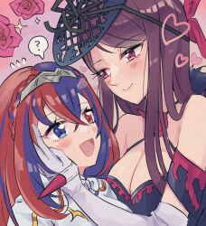Rule 34 | 2girls, :d, ?, alear (female) (fire emblem), alear (fire emblem), bare shoulders, blue eyes, blue hair, blush, breasts, cleavage, closed mouth, criss-cross halter, crossed bangs, elbow gloves, fascinator, female focus, fire emblem, fire emblem engage, flower, gloves, hair between eyes, halterneck, hand on another&#039;s face, heart, heterochromia, highres, hino222hikari, implied yuri, ivy (fire emblem), long hair, looking at another, matching hair/eyes, mole, mole under mouth, multicolored hair, multiple girls, nintendo, open mouth, purple eyes, purple hair, red eyes, red hair, smile, spiked gloves, split-color hair, tiara, two-tone hair, upper body, white gloves, yuri