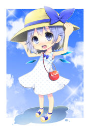 Rule 34 | 1girl, alternate costume, bad id, bad pixiv id, bag, blue eyes, blue hair, blush, bow, cirno, cloud, collarbone, day, hat, hat bow, ice, ice wings, matching hair/eyes, open mouth, sandals, sky, sleeveless, solo, touhou, uta (kuroneko), wings