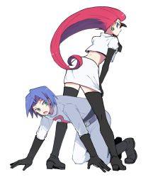 Rule 34 | 1boy, 1girl, all fours, atsumi yoshioka, belt, belt buckle, blue eyes, blue hair, boots, buckle, commentary, creatures (company), cropped jacket, earrings, elbow gloves, eyelashes, game freak, gloves, green eyes, hand on own thigh, hand up, jacket, james (pokemon), jessie (pokemon), jewelry, kneeling, long hair, looking back, nintendo, pants, pokemon, pokemon (anime), red hair, searching, short hair, skirt, standing, team rocket, team rocket uniform, thigh boots, thighhighs, white jacket, white pants, white skirt