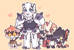 Rule 34 | 1girl, 3boys, aak (arknights), absurdres, animal ears, arknights, artist name, belt, black belt, black tank top, blue sclera, blush, chain necklace, chest tuft, chibi, colored sclera, dog boy, dog ears, dog tail, fatherly, fingerless gloves, furry, furry female, furry male, gloves, highres, holding hands, hung (arknights), jewelry, male focus, mountain (arknights), multiple boys, necklace, pants, pectorals, scar, scar across eye, scar on face, sharktuna, short hair, shoulder spikes, size difference, spikes, tail, tank top, tiger boy, tiger ears, tiger girl, tiger stripes, waai fu (arknights), white fur, white pants