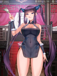 Rule 34 | 1girl, absurdres, banknote, bare shoulders, black dress, blue eyes, blunt bangs, blush, breasts, china dress, chinese clothes, chong wuxin, cleavage, closed mouth, covered navel, detached sleeves, dollar bill, dress, fate/grand order, fate (series), floral print, gluteal fold, hair ornament, highres, large breasts, licking lips, long hair, looking at viewer, money, prostitution, purple hair, sidelocks, smile, solo, thighs, tongue, tongue out, tucked money, twintails, very long hair, yang guifei (fate), yang guifei (second ascension) (fate)