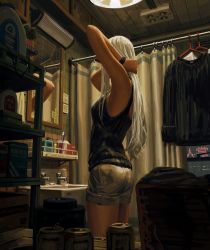 Rule 34 | 1girl, absurdres, ass, bare shoulders, black shirt, black tank top, breasts, clothes hanger, commentary, curtains, facing away, from side, grey shorts, guweiz, highres, indoors, long hair, mirror, neon lights, original, reflection, shirt, unworn shirt, short shorts, shorts, small breasts, solo, symbol-only commentary, tank top, tile wall, tiles, toothbrush, very long hair, white hair, window