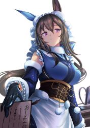 Rule 34 | 1girl, absurdres, admire vega (umamusume), alternate costume, animal ears, bare shoulders, black gloves, breasts, brown hair, closed mouth, commentary request, corset, cowboy shot, detached sleeves, ear covers, enmaided, fur-trimmed collar, fur trim, gloves, hair between eyes, highres, holding, holding menu, horse ears, horse girl, long hair, long sleeves, looking at viewer, maid, maid headdress, medium breasts, menu, pom pom (clothes), purple eyes, same kujira (challenger 310), simple background, single ear cover, solo, umamusume, unconventional maid, white background