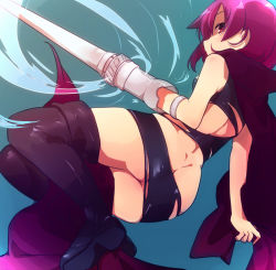 Rule 34 | 1girl, amputee, armlet, ass, back, between legs, black footwear, boots, female focus, gradient background, hiyo kotori, holding, holding weapon, lance, looking at viewer, looking back, miyanaga teru, no panties, polearm, profile, purple hair, red eyes, saki (manga), short hair, sleeveless, solo, thigh boots, thighhighs, tight clothes, torn clothes, weapon