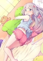Rule 34 | 10s, 1girl, artist name, ass, azumi akitake, bare arms, bare shoulders, bedroom, blue eyes, blush, book, bow, colored eyelashes, copyright name, curtains, dutch angle, embarrassed, eromanga sensei, from behind, gradient hair, grey hair, hair bow, indoors, izumi sagiri, long hair, looking at viewer, looking back, low-tied long hair, lying, multicolored hair, hugging object, on bed, on side, pajamas, parted lips, pink bow, pink hair, signature, solo, stuffed animal, stuffed octopus, stuffed toy, teddy bear, thighs, wavy mouth