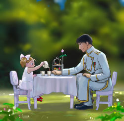 Rule 34 | 1boy, 1girl, age difference, alternate color, amestris military uniform, artist name, black eyes, black footwear, black hair, blurry, blurry background, chair, child, closed mouth, cup, cupcake, day, dessert, dress, drink, elicia hughes, flower, food, from side, full body, fullmetal alchemist, garden, grass, hand on lap, hand up, happy, hat, holding, holding teapot, leaf, leaning, leaning forward, light brown hair, looking down, mary janes, military, military hat, military uniform, outdoors, outstretched arm, pink flower, pink rose, plant, pouring, profile, red footwear, rose, roy mustang, shoes, sleeveless, sleeveless dress, smile, table, tablecloth, tareme, tea, tea set, teacup, teapot, tiered tray, twintails, uniform, urikurage, vase, white dress, white headwear