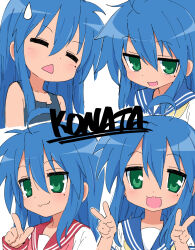 Rule 34 | 1girl, :3, ahoge, bare shoulders, blue hair, blue sailor collar, blue shirt, closed eyes, closed mouth, collarbone, dot nose, double v, green eyes, haaam, hair between eyes, hand up, hands up, highres, index finger raised, izumi konata, jitome, light blush, long hair, looking at viewer, lucky star, mole, mole under eye, multiple views, neckerchief, open mouth, pink neckerchief, red sailor collar, ryouou school uniform, sailor collar, school uniform, shirt, short eyebrows, sidelocks, sleeveless, sleeveless shirt, solo, straight hair, triangle mouth, upper body, v, white background, white shirt, winter uniform, yellow neckerchief