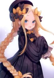 Rule 34 | 1girl, abigail williams (fate), absurdres, blonde hair, blue eyes, blush, bow, braid, child, detached sleeves, dress, fate/grand order, fate (series), forehead, gradient background, hair bow, hands up, hat, highres, long hair, long sleeves, looking at viewer, multiple hair bows, open mouth, parted bangs, ribbed dress, scan, simple background, sleeves past wrists, smile, solo, suzuho hotaru, twin braids, twintails, white background