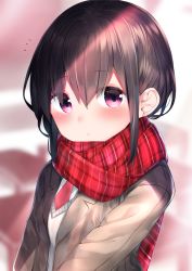Rule 34 | 1girl, blazer, blurry, blurry background, blush, brown hair, brown jacket, closed mouth, commentary request, depth of field, hair between eyes, highres, jacket, long hair, looking at viewer, necktie, neku (neku draw), open clothes, open jacket, original, plaid, plaid scarf, red eyes, red necktie, red scarf, scarf, school uniform, shirt, solo, sweater vest, upper body, white shirt