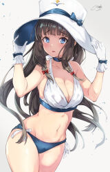 Rule 34 | 1girl, arms up, artist name, bare shoulders, bikini, blue bow, blue choker, blue eyes, blunt bangs, blush, bow, braid, breasts, brown hair, character request, choker, cleavage, collarbone, copyright request, cowboy shot, gloves, grey background, groin, hands on headwear, hat, hat bow, highres, long hair, looking at viewer, lowleg, lowleg bikini, maki (maki pei), medium breasts, navel, open mouth, sidelocks, signature, solo, standing, stomach, swimsuit, thighs, very long hair, white gloves, white hat