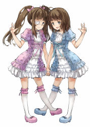 Rule 34 | 2girls, :d, brown hair, character request, dress, eyepatch, frilled dress, frilled legwear, frills, ge-b, holding hands, kneehighs, long hair, multiple girls, open mouth, original, shoes, short hair, siblings, sisters, smile, socks, twins, twintails, v, white legwear