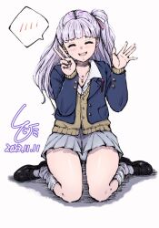 Rule 34 | 1girl, black footwear, black jacket, blush, brown vest, closed eyes, collared shirt, dated, facing viewer, full body, grey hair, grey skirt, highres, jacket, kantai collection, ld (luna dial398), long hair, long sleeves, maestrale (kancolle), one-hour drawing challenge, one side up, open clothes, open jacket, open mouth, panties, pleated skirt, shirt, shoes, signature, simple background, skirt, socks, solo, spoken blush, underwear, vest, white background, white panties, white shirt, white socks